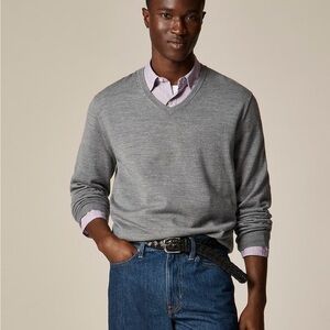 🌱J Crew Men's L 100% Merino Wool Heather Gray V-Nk Sweater Classic Quiet Luxury